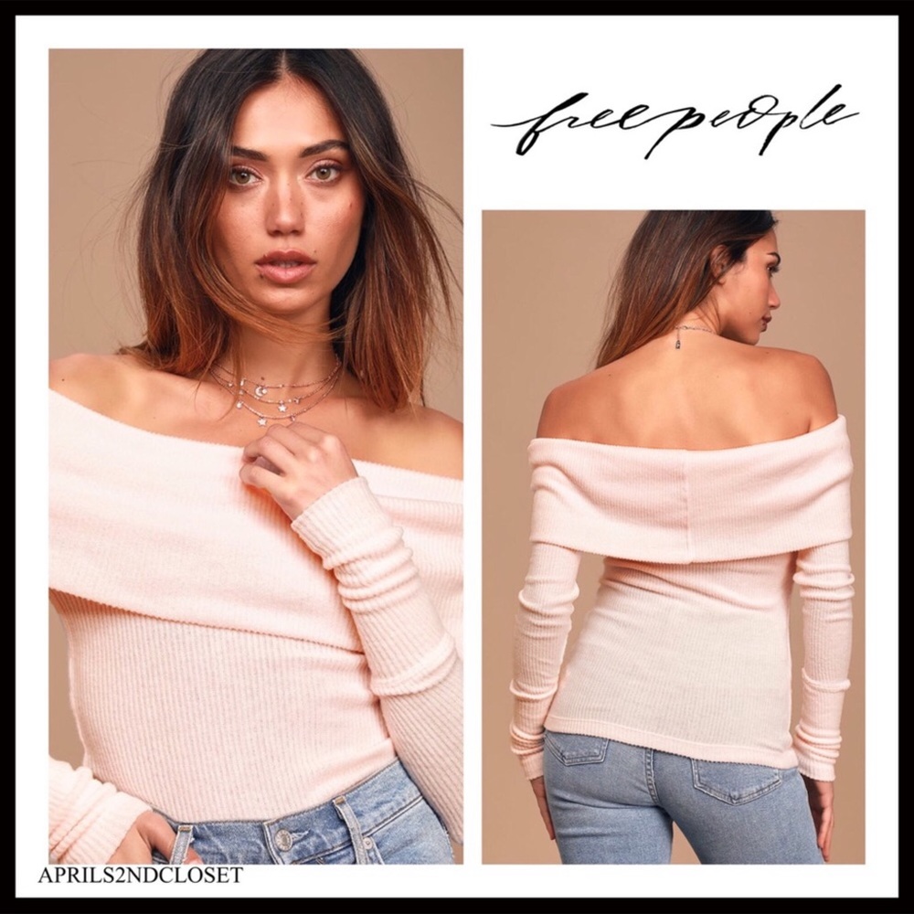 FREE PEOPLE SWEATER BOHO PULLOVER COZY OFF THE SHOULDERS BLUSH PINK TOP A3C - Picture 1 of 16